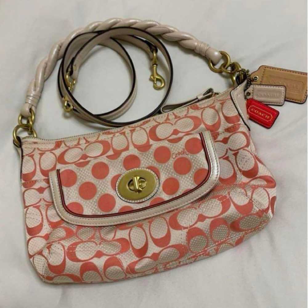 Coach shoulder bag in pink with polka dot pattern. - image 1