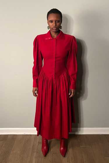 Norma Kamali Red Corduroy Drop Waist Dress