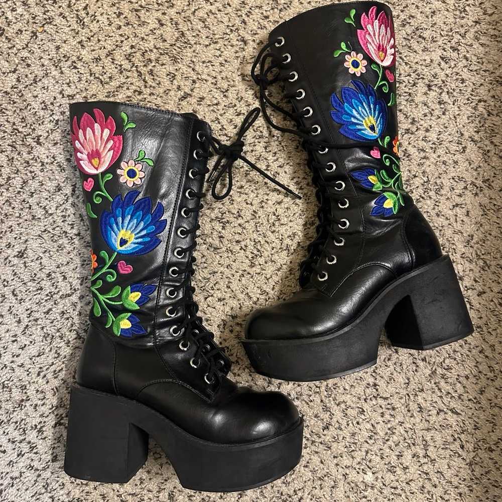 Embroidered Lace Up Platform Boots - image 1