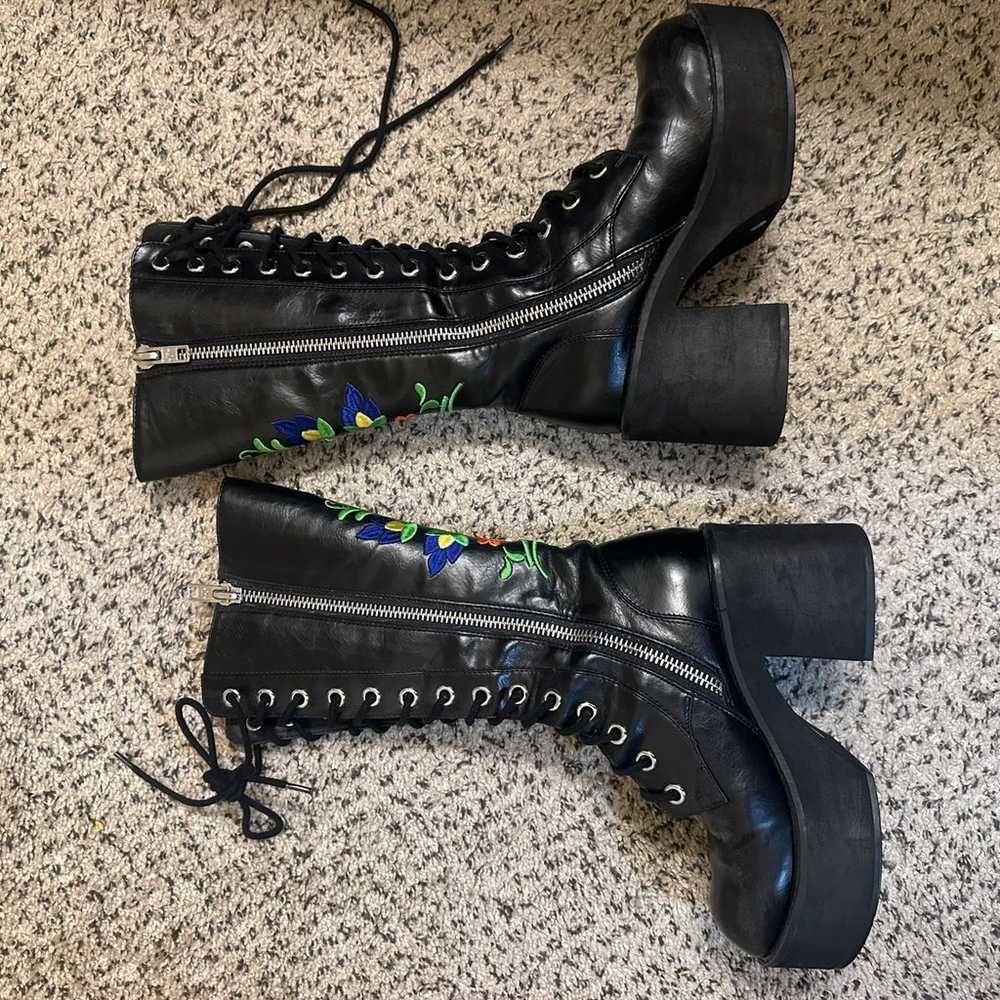 Embroidered Lace Up Platform Boots - image 2