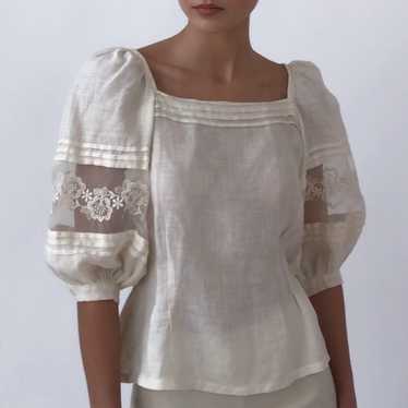 Vintage 1980's Ivory Floral Lace Puff Sleeve Line… - image 1