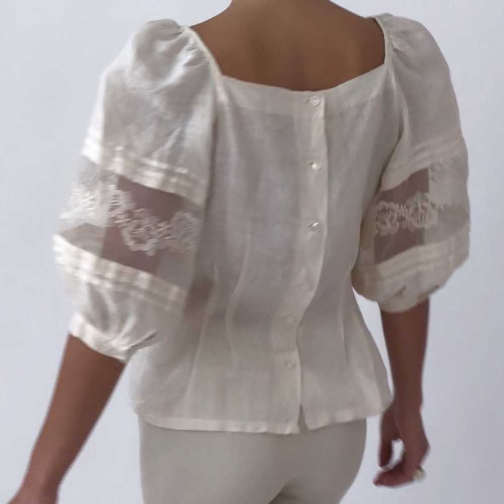 Vintage 1980's Ivory Floral Lace Puff Sleeve Line… - image 2