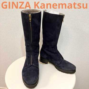 Ginza Kanematsu Suede Long Boots Navy Front Zippe… - image 1