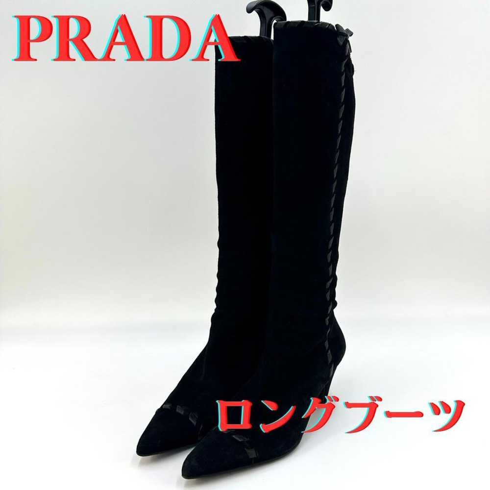 PRADA Long Boots Suede Braided Ribbon Side Zip - image 1