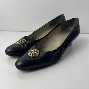 Vintage Salvatore Ferragamo Navy Slip On Heels 8.5 - image 1