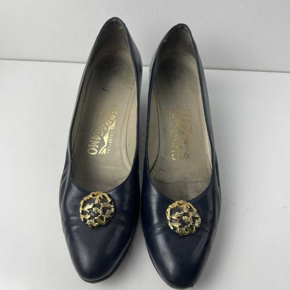 Vintage Salvatore Ferragamo Navy Slip On Heels 8.5 - image 3