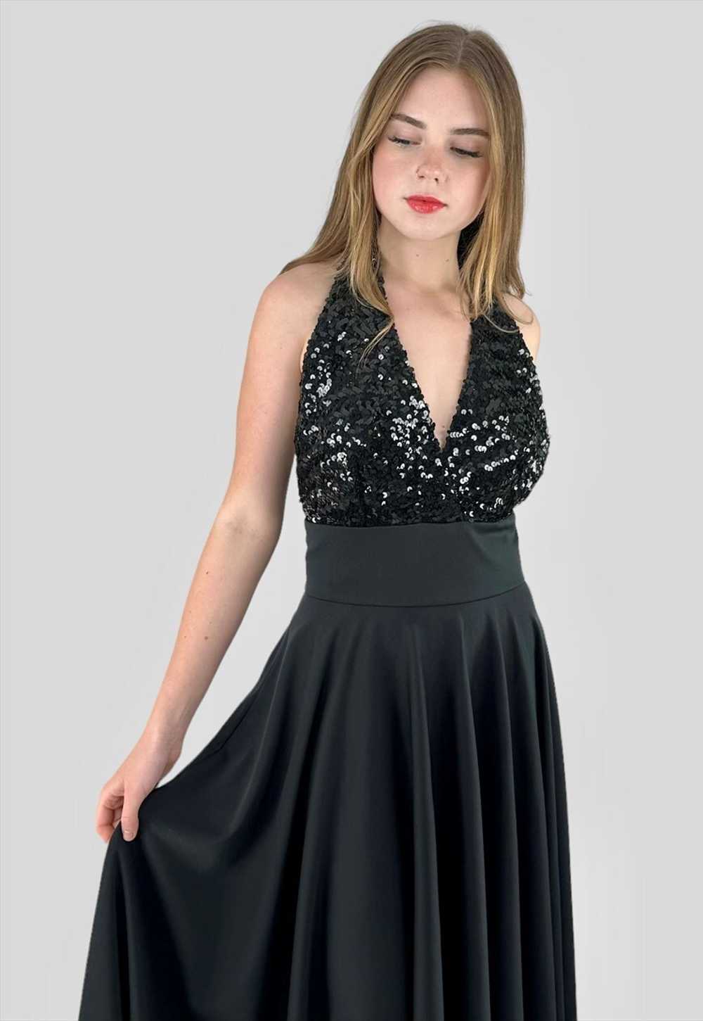 70's Vintage Black Sequin Halter Neck Evening Dre… - image 1