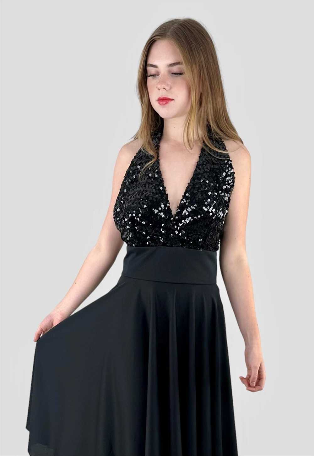 70's Vintage Black Sequin Halter Neck Evening Dre… - image 3