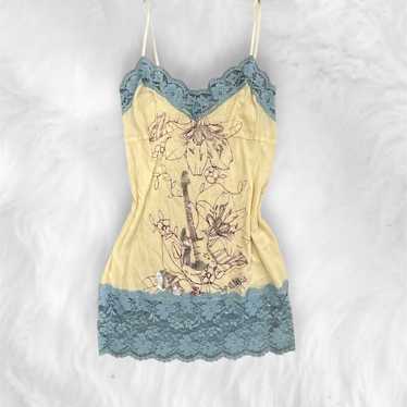 ☆ vintage y2k yellow & blue lace trim cami top ☆