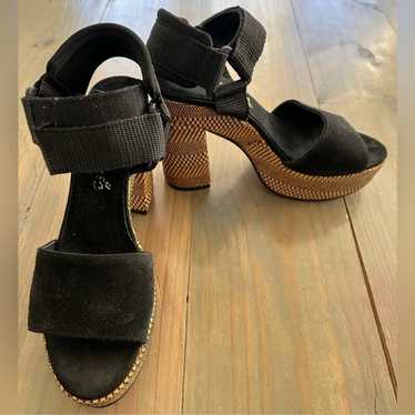 Free People Black Suede Chunky Heels w/ Velcro St… - image 1