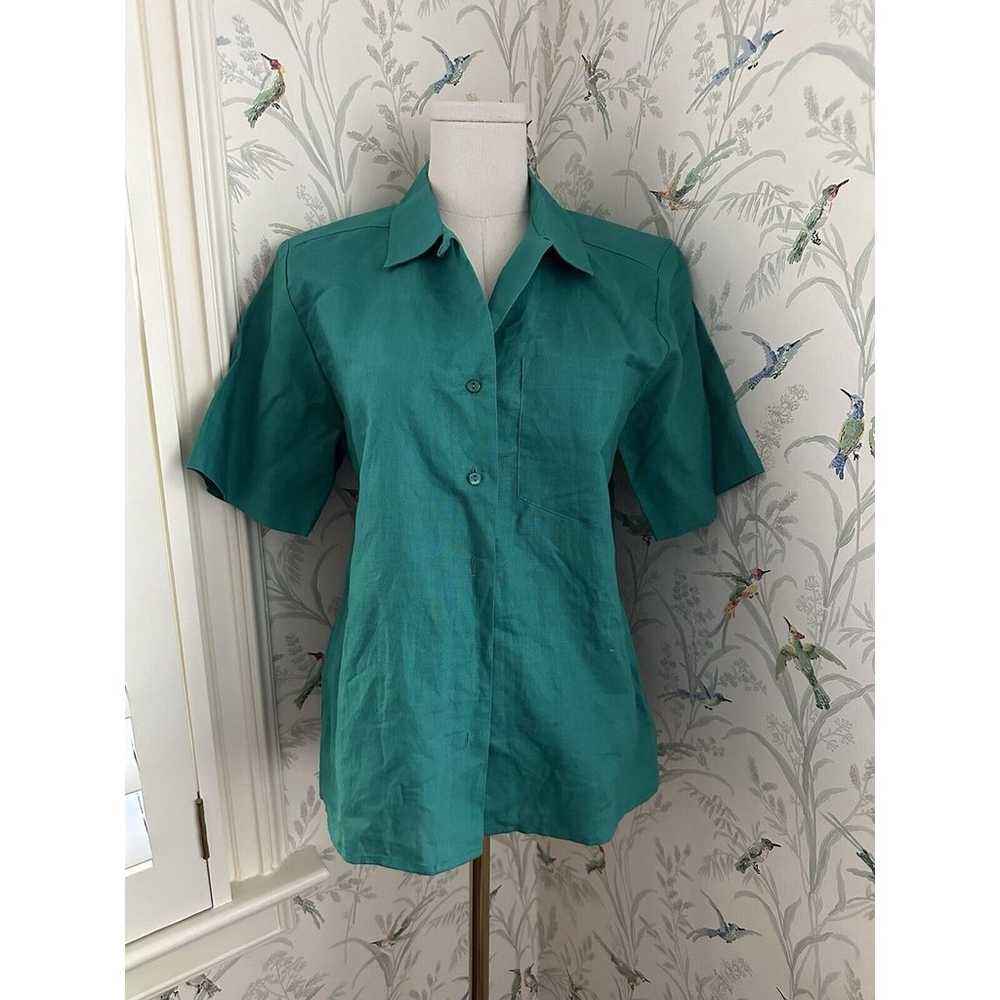 Vintage Talbots Linen Blend Shirt Green Short Sle… - image 1