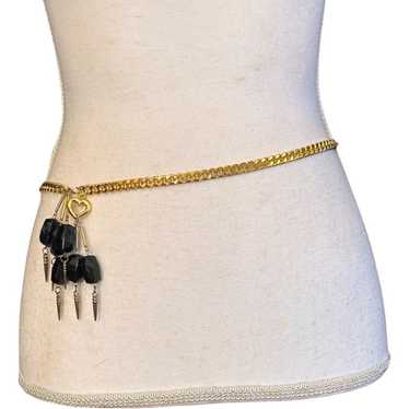 Brand Vintage Gold Chain Belt With Black Dangling… - image 1