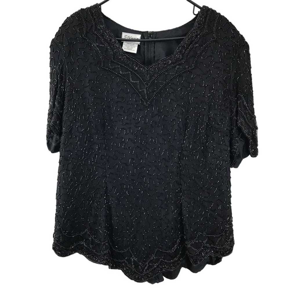 Vintage 80s Stenay Woman 100% Silk Black Beaded T… - image 1