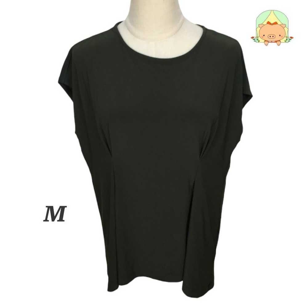 Round neck French sleeve dark green [M] draped T-… - image 1