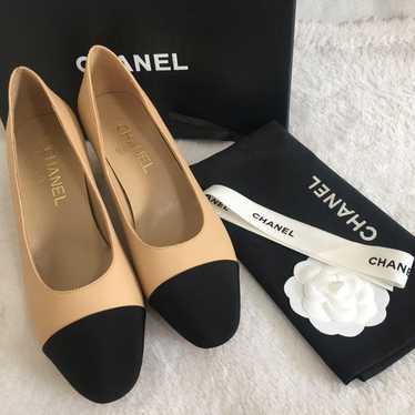 CHANEL Bicolor Heel Pumps Leather Coco Mark 24cm