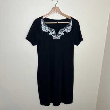 Talbots Black Cotton Dress White Lace Decor Small - image 1