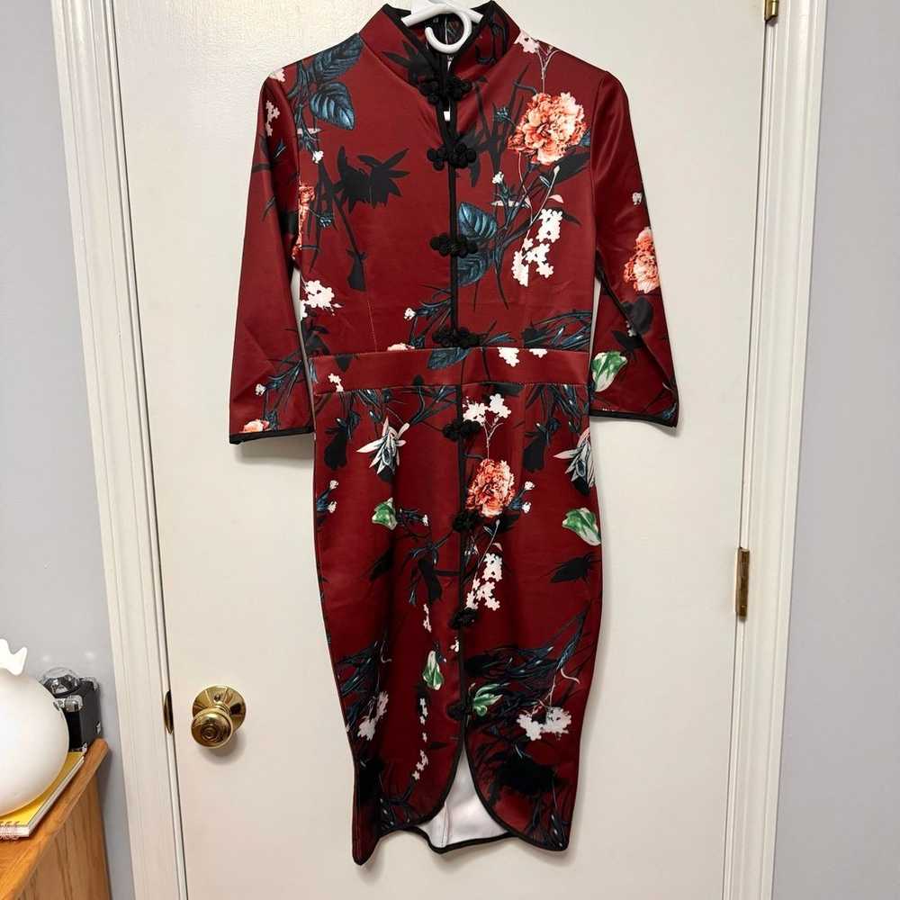 Elbow-Sleeve Flower Print Qipao - image 1