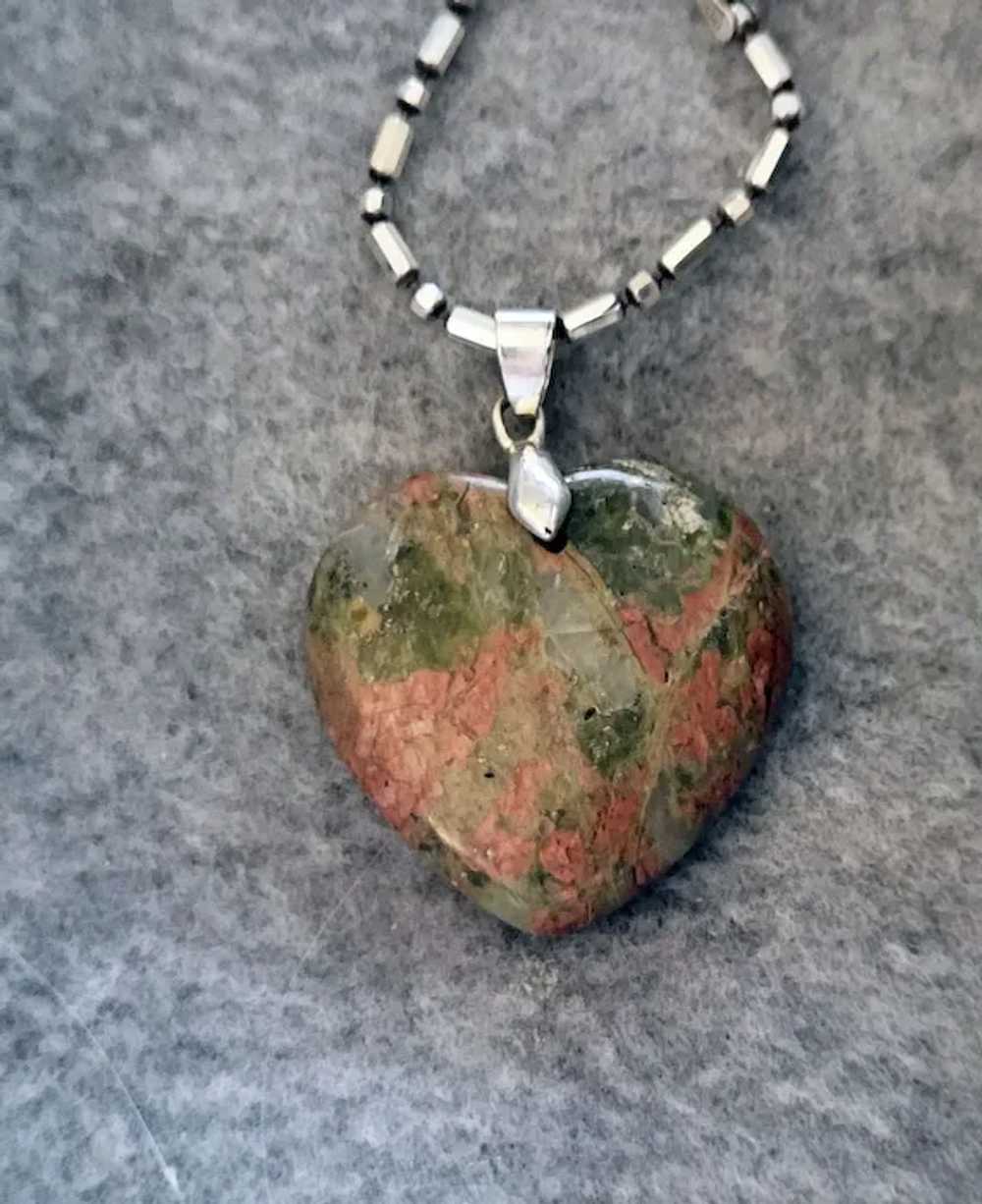 Beautiful Unakite Carved Heart and Sterling Neckl… - image 2