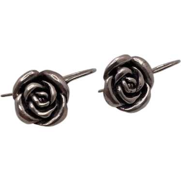 Sterling Silver Carved Rose Dangle Earrings - image 1