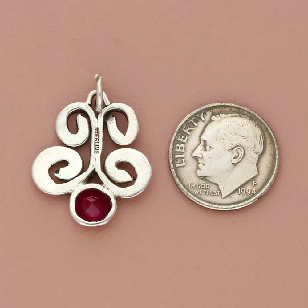 Sterling Silver Vintage Ruby Scroll Pendant - image 2