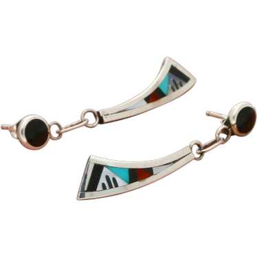 Zuni Sterling Silver Vintage Onyx Turquoise Coral… - image 1