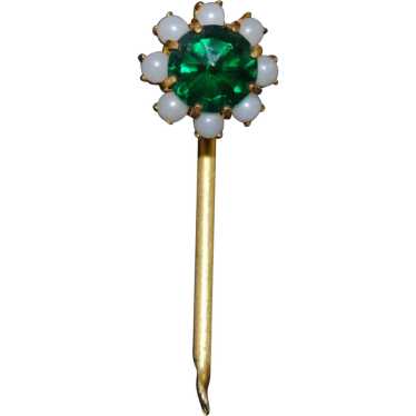 Emerald-Green Glass & Faux Pearl Stick Pin - image 1