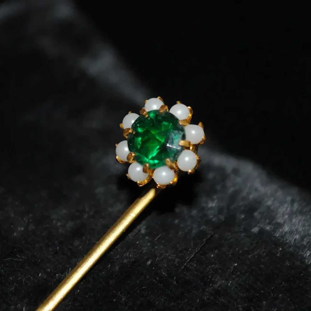 Emerald-Green Glass & Faux Pearl Stick Pin - image 2