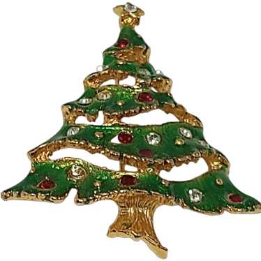 Vintage Christmas Tree Pin, Enameled, Rhinestones… - image 1