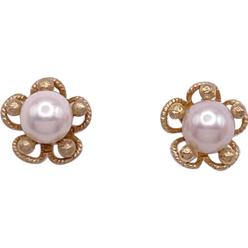 Cultured Pearl Floral Stud Earrings 14K Gold 6.5 … - image 1