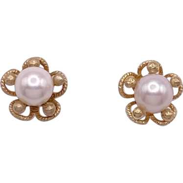 Cultured Pearl Floral Stud Earrings 14K Gold 6.5 … - image 1