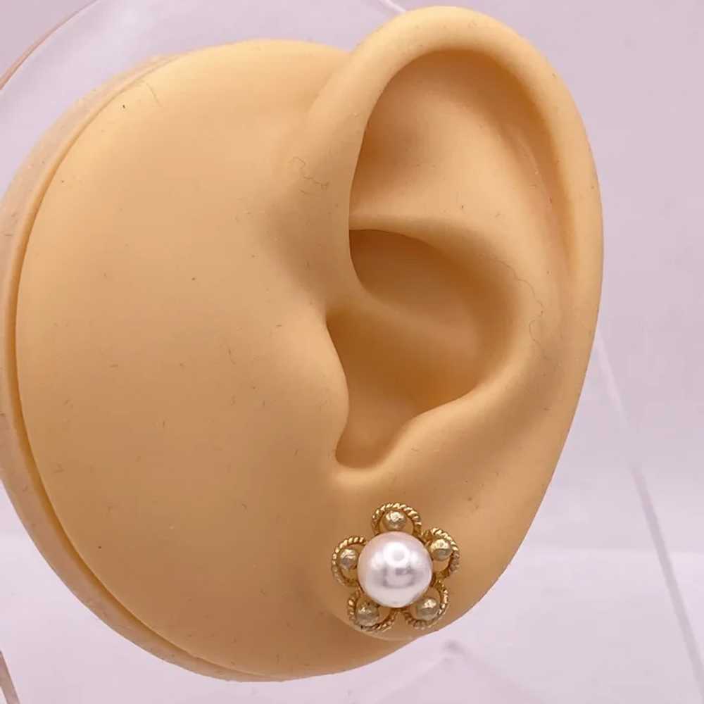 Cultured Pearl Floral Stud Earrings 14K Gold 6.5 … - image 2