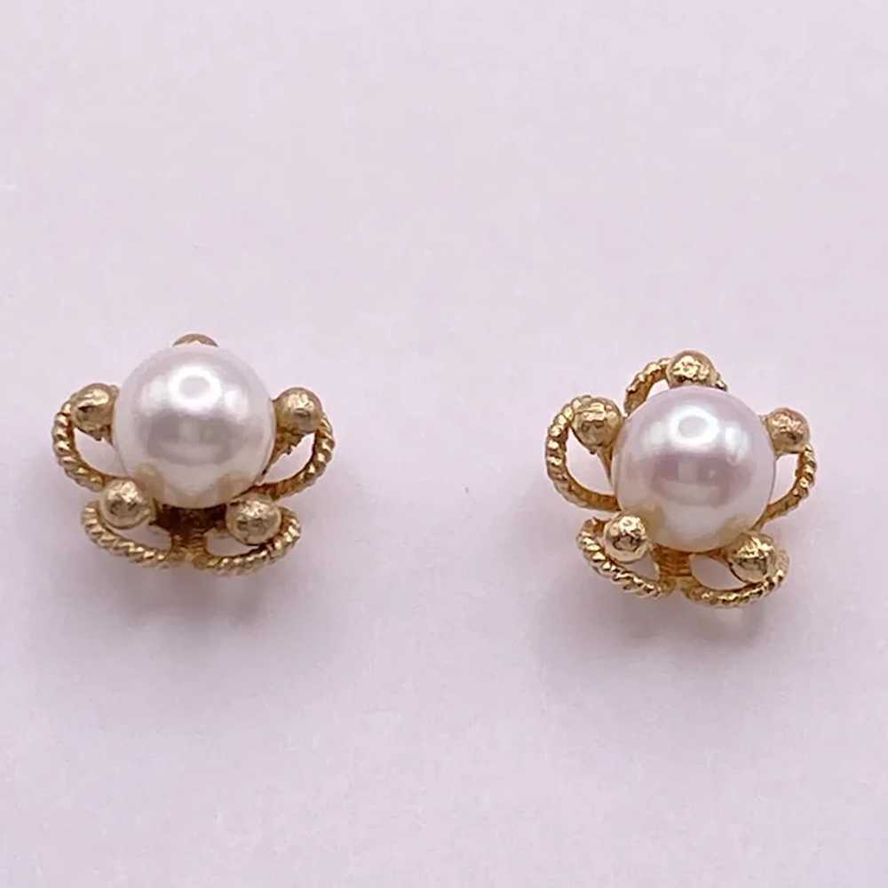 Cultured Pearl Floral Stud Earrings 14K Gold 6.5 … - image 3