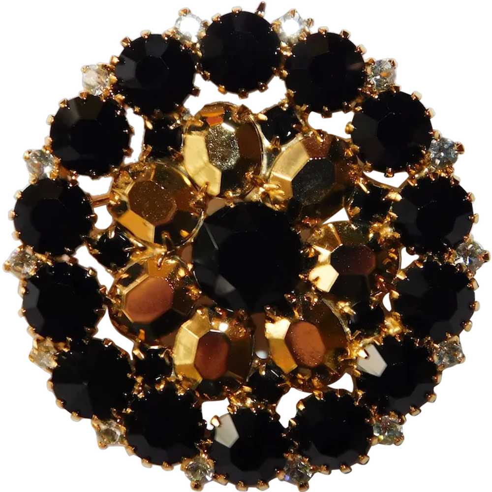 Fabulous BLACK & GOLD Vintage Rhinestone Brooch - image 1