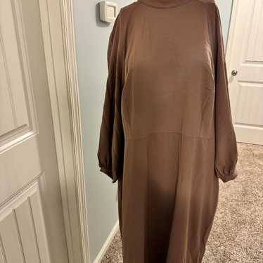 Elegant Oversized Brown Lined Midi Puff-Sleeve Dr… - image 1