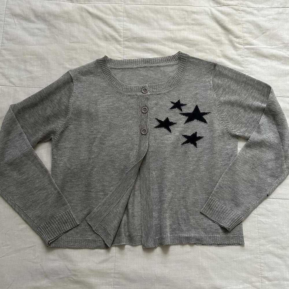 Designer Japanese Brand Grey Cardigan With Black … - image 1