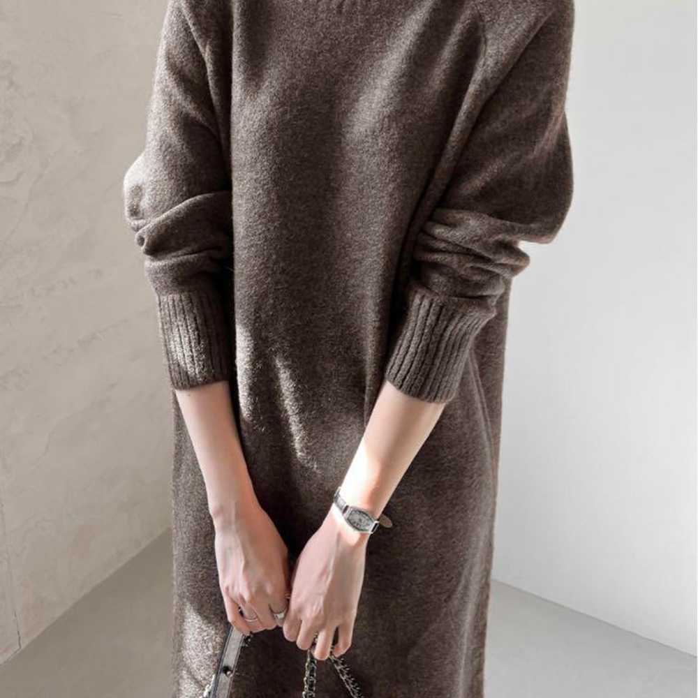 Dark brown knitted turtleneck one-piece dress. - image 2