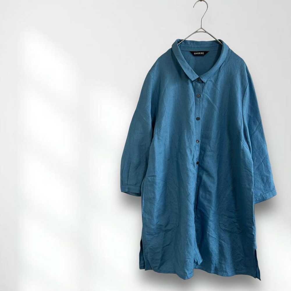 E6257 【KANSAI BIS】Shirt Blue Linen Plain Casual S… - image 1