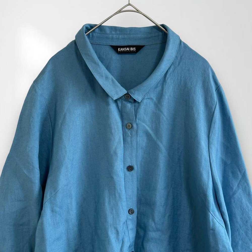 E6257 【KANSAI BIS】Shirt Blue Linen Plain Casual S… - image 2