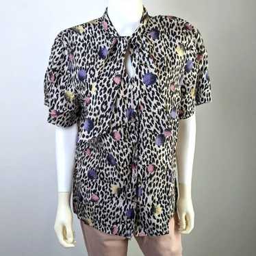 Vintage 80's Leopard Print Neon Silk Shirt - L - image 1