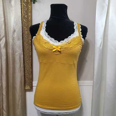 ♡Y2k Lace Cami Tank Gold Yellow Ribbon Bow ♡ - image 1