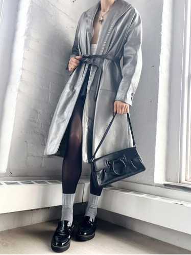 50s metallic silver leather belted swing coat