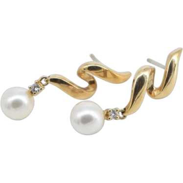 14K Pearl Diamond Swirl Dangle Drop Fashion Earri… - image 1