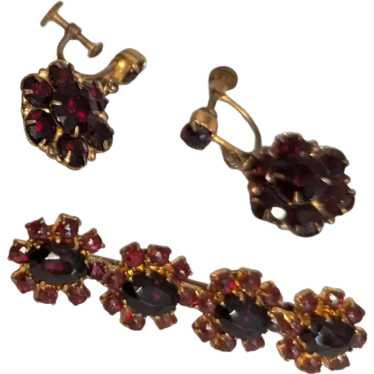 Czech Garnet Glass and Brass Pin and Earrings