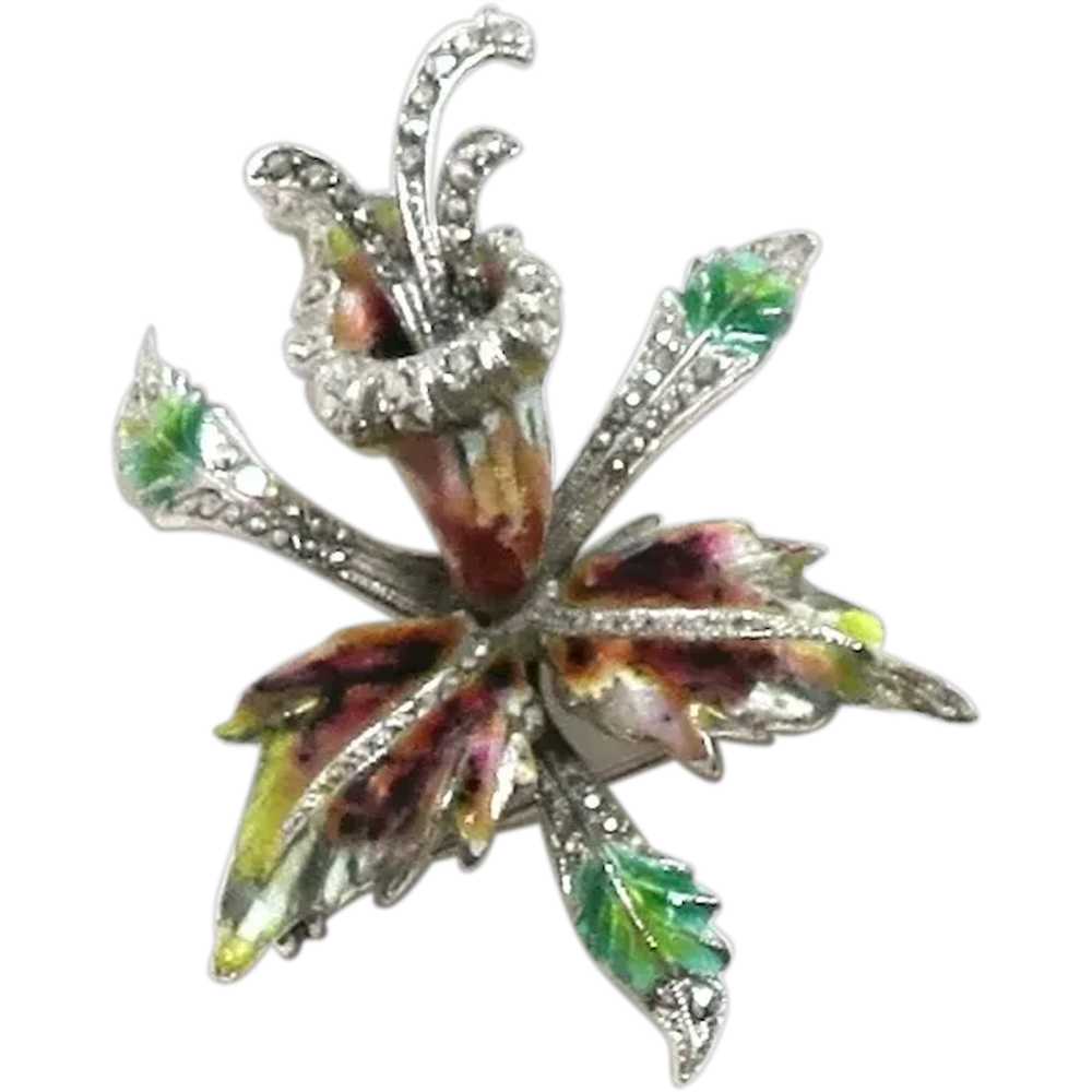 Enamel and Marcasite Orchid Brooch 1930's - image 1