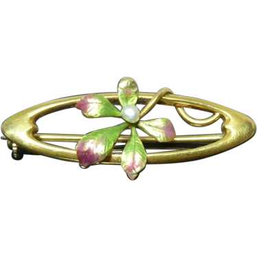 Gorgeous Art Nouveau 14K Gold & Enamel Floral Pin 