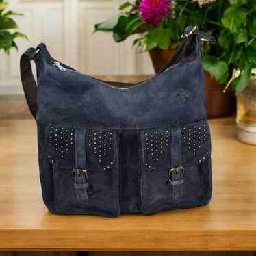 Patricia Nash Navy Suede Leather Studded Hobo Cro… - image 1