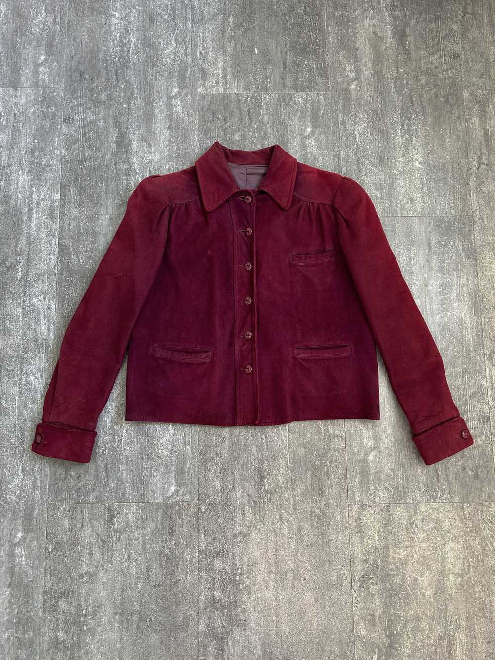 Vintage 1940s suede leather jacket . burgundy coa… - image 1