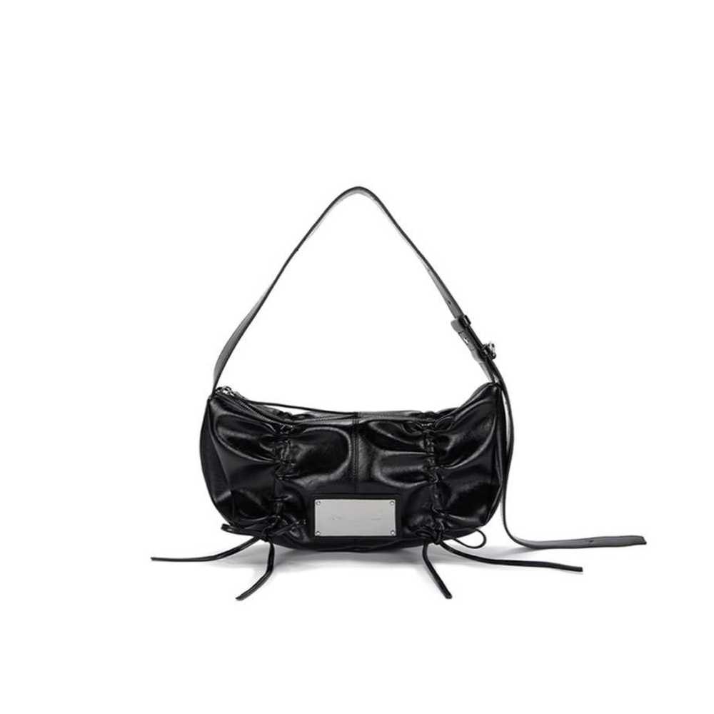 Black Leather Shoulder Bag with Gathered Design b… - image 1