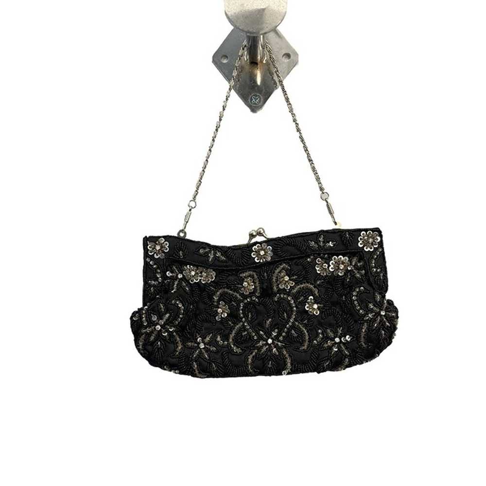 Vintage Beaded Black Silver Clutch Bag Cocktail P… - image 1