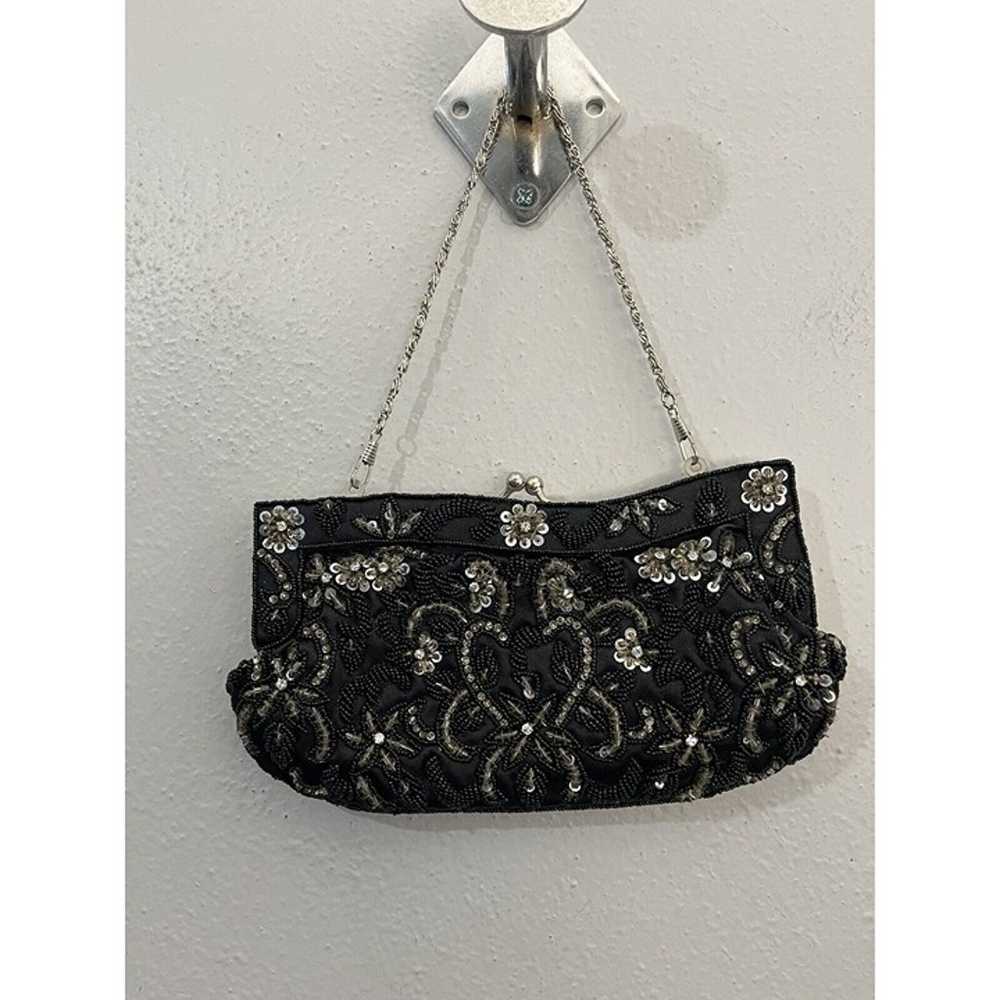 Vintage Beaded Black Silver Clutch Bag Cocktail P… - image 2